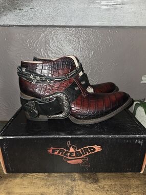 Freebird Women’s Red Croc-Embossed Leather Harness Boots